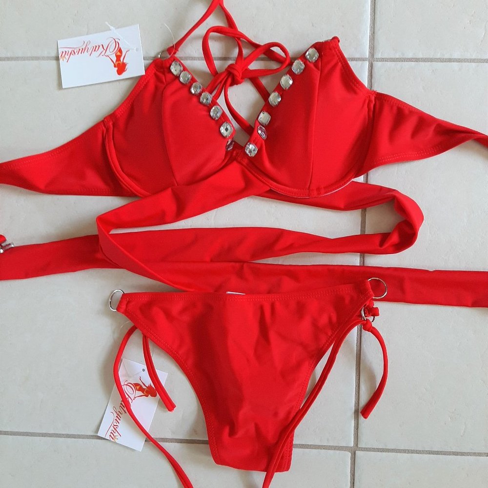 NWT Red Wrap Around Jeweled Bikini. - Picture 5 of 6